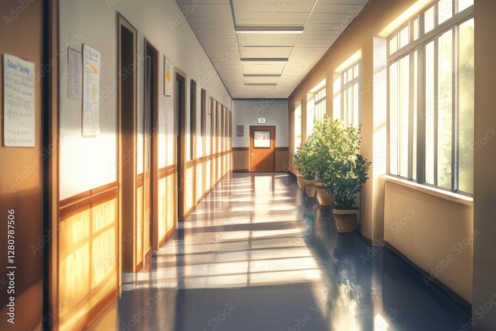 Fototapeta premium Blurred Vision of a High School Classroom Hallway with Junior Classes in Perspective