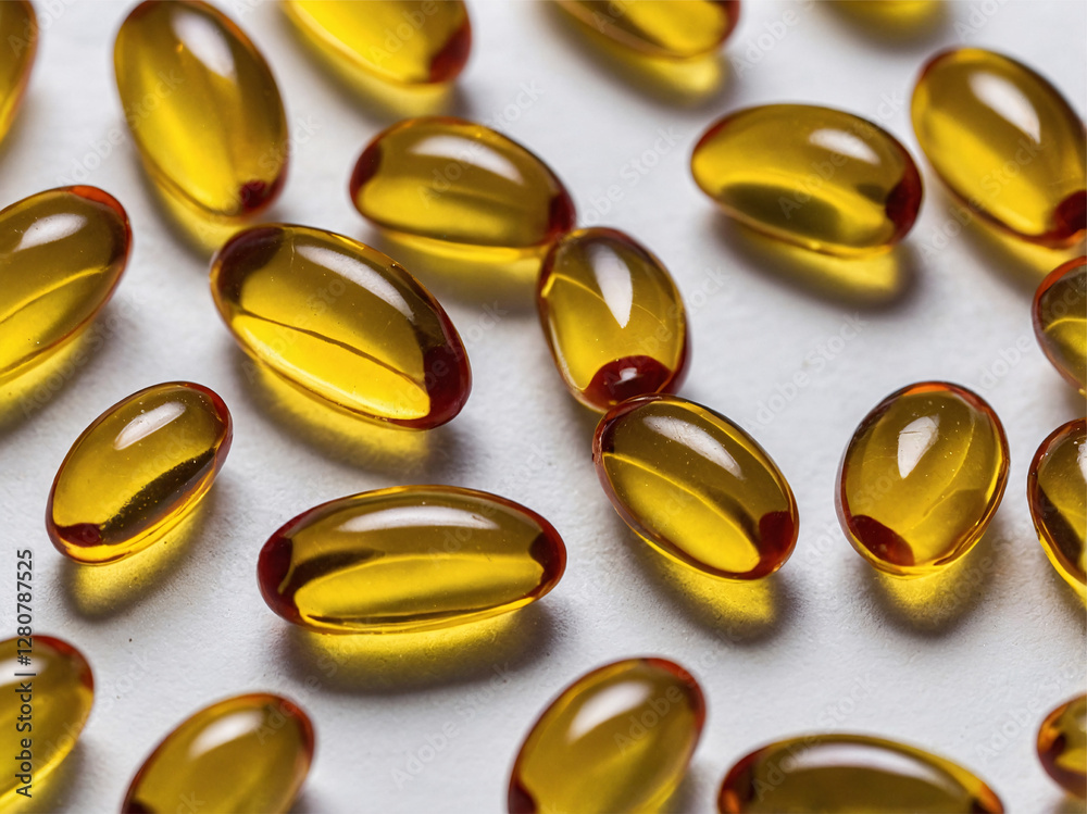 Close-up, top-down view of numerous translucent yellow capsules Close-up, top-down view of numerous translucent yellow capsules