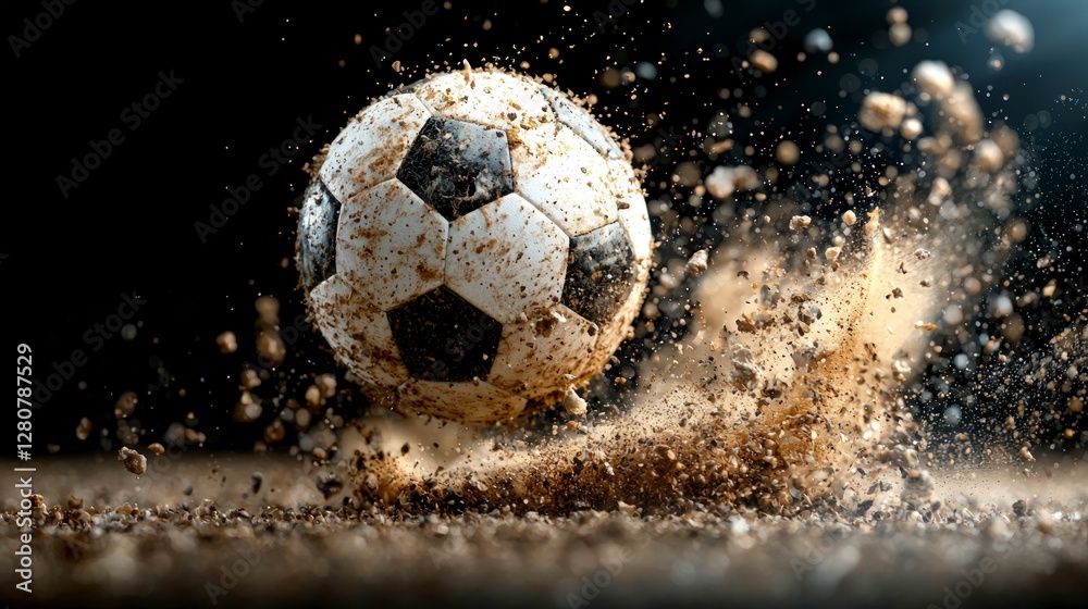 Fototapeta premium Muddy Soccer Ball Action Shot Intense Game Flying Dirt Dramatic Kick