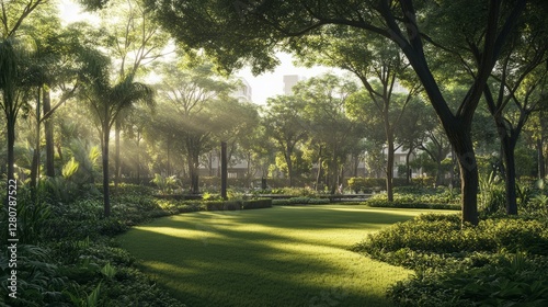 Serene green park with sunlight filtering through tall trees