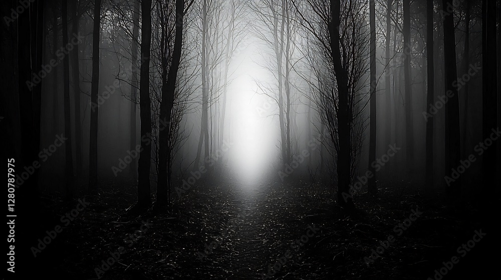 Fototapeta premium Misty forest path, light at end, mysterious woods, background for fantasy, horror, or suspense
