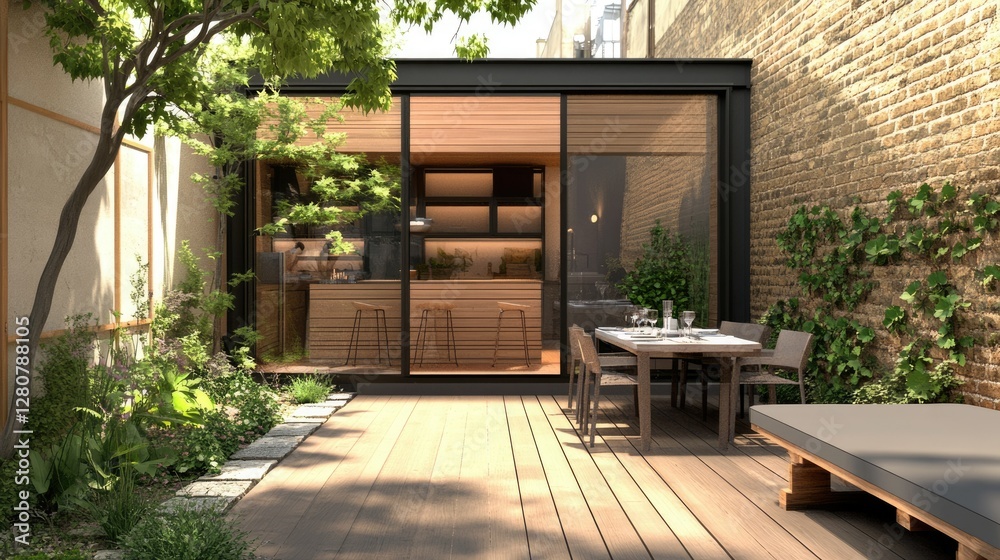 Obraz premium Contemporary Urban Patio Retreat: A Cozy Garden Space for Relaxing with Wine