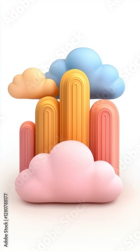 Isometric illustration of cloud storage surrounded by colorful clouds in vibrant hues and modern design elements