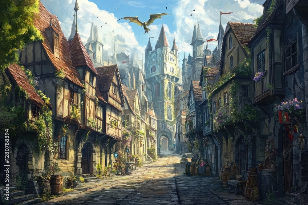 Obraz premium Vibrant Medieval Fantasy Townscape: Colorful Streets and Iconic Buildings in a Heroic Realm