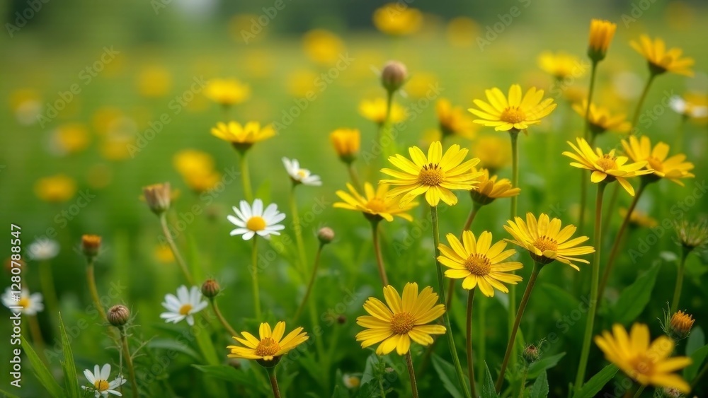 Vibrant yellow and white wildflowers flourishing in a sun-drenched meadow, creating a picturesque scene of natural beauty and serenity Vibrant yellow and white wildflowers flourishing in a sun-drenched meadow, creating a picturesque scene of natural beauty and serenity