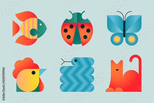 Colorful vector animal set with cat, fish, butterfly, ladybug, chicken and snake.