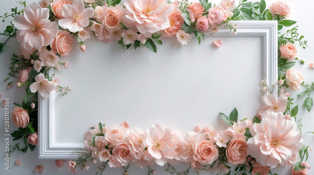 Beautiful soft pastel pink peony flowers framing a white tray to create a serene elegant centerpiece for your modern home decor for Copyspace and Text Background Beautiful soft pastel pink peony flowers framing a white tray to create a serene elegant centerpiece for your modern home decor for Copyspace and Text Background