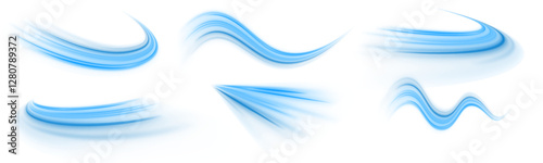 Wavy transparent curved lines in the form of the movement of sound waves in a set of different shapes of whirlpool. Set of neon speed lines on transparent background. Light, light garland PNG.	