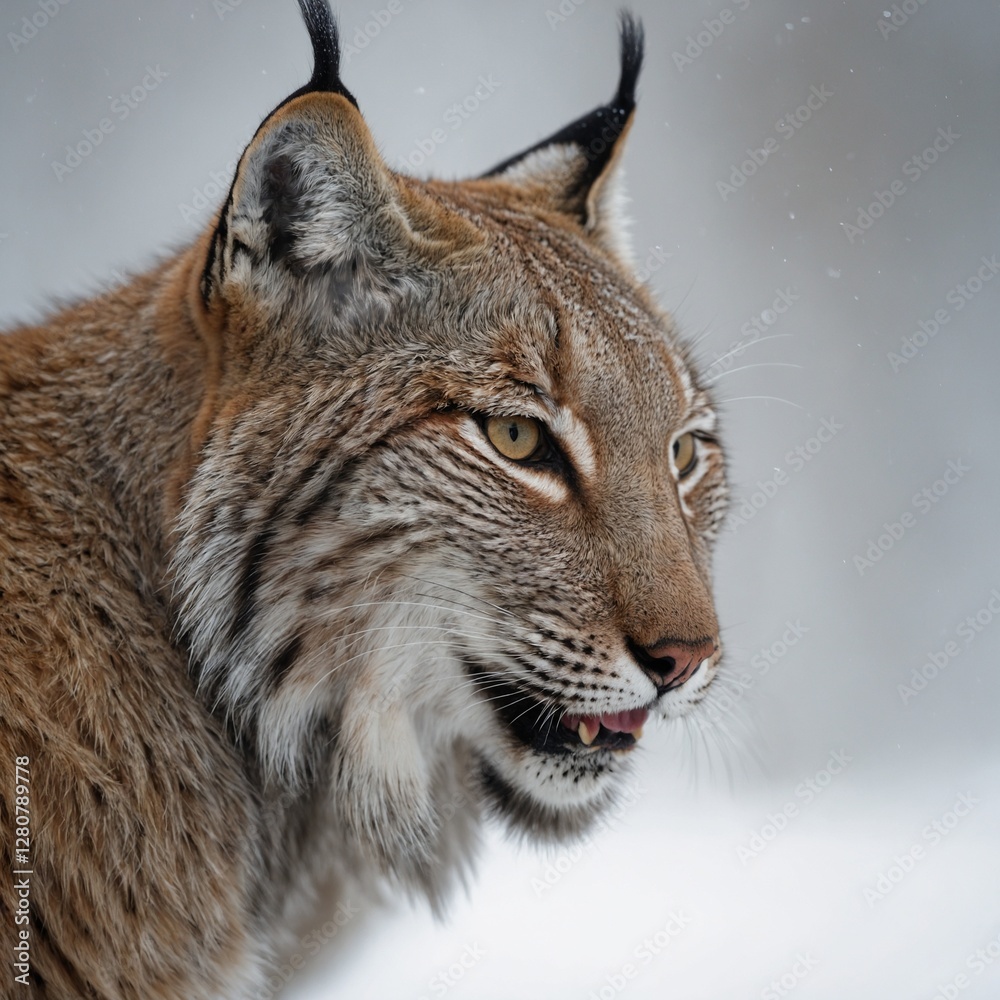 Fototapeta premium A lynx licking its paw, captured in motion with a clean white backdrop.