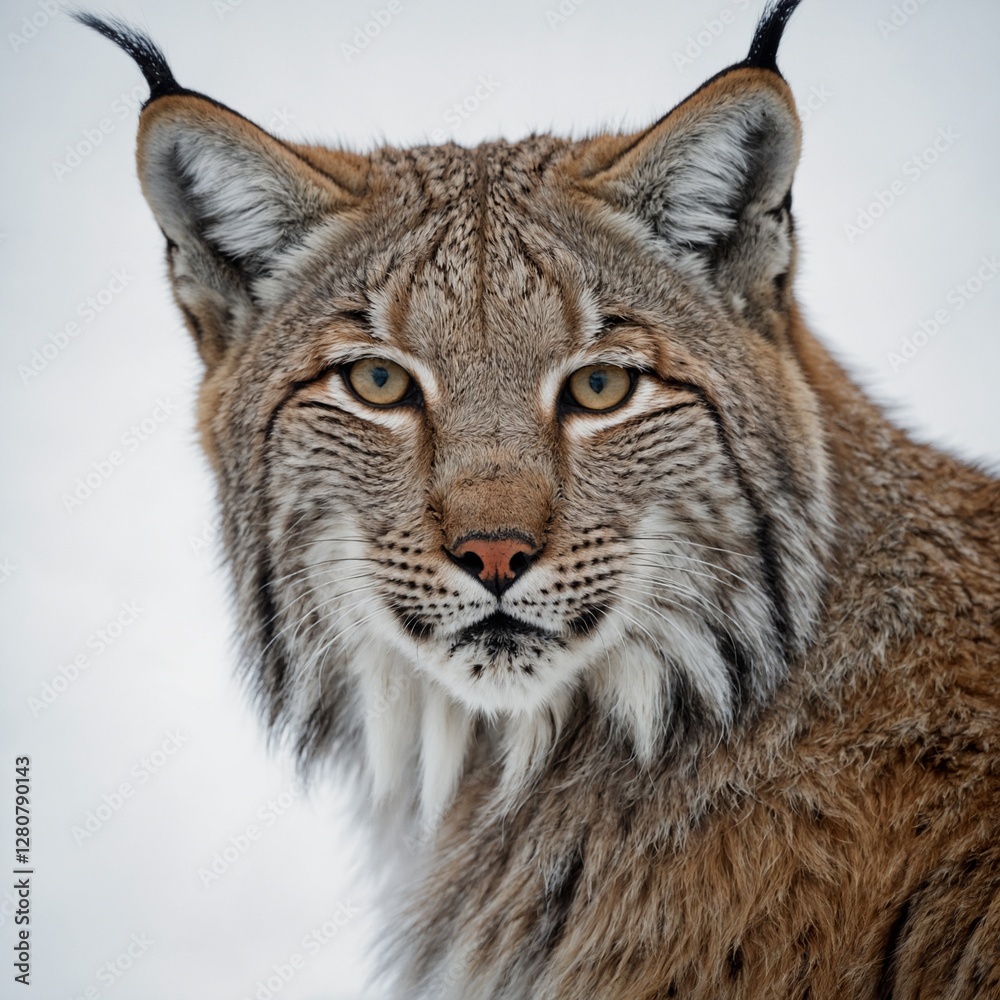 Fototapeta premium A lynx with its ears pointed upwards, its fur looking soft and fluffy against a white background.