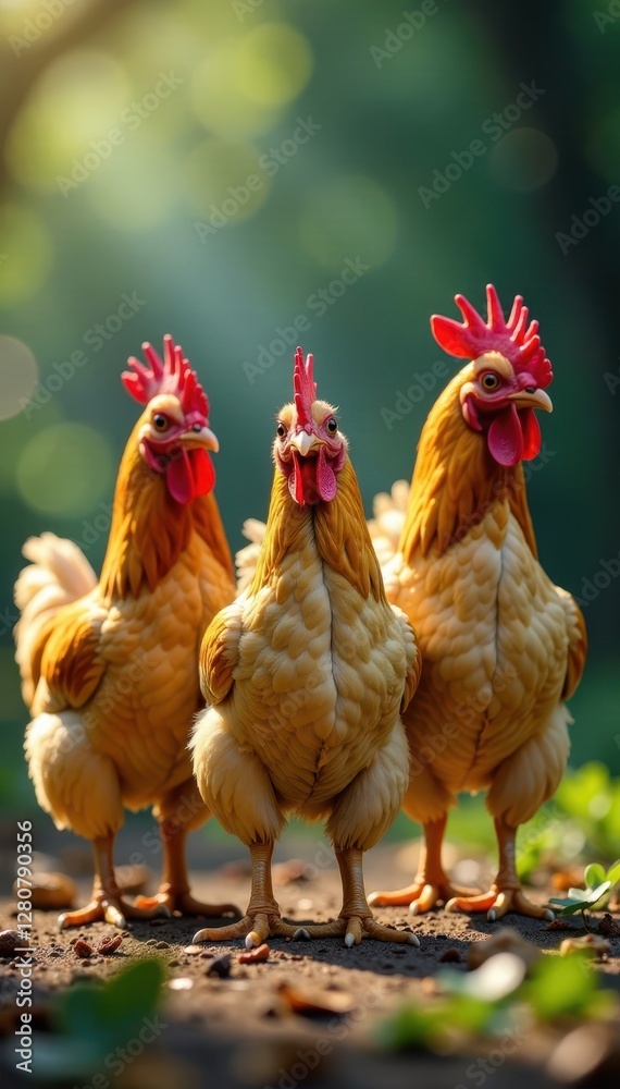 Fototapeta premium Three chickens, shades on, doing a chicken dance , feathers, farm, party