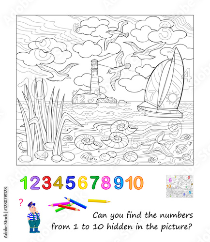 Can you find and color the numbers from 1 to 10 hidden in the picture? Coloring book. Logic puzzle game. Mathematics education for children. Black and white vector image. Develop counting skills.