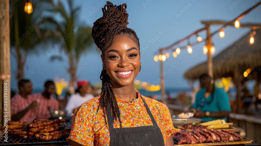 Fototapeta premium Happy Chef at Summer BBQ Grill Beach Party Food Feast