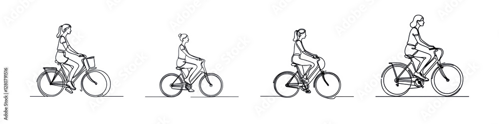 Obraz premium Set of image of Young woman riding a bicycle in a one-line drawing, isolated over on transparent white background