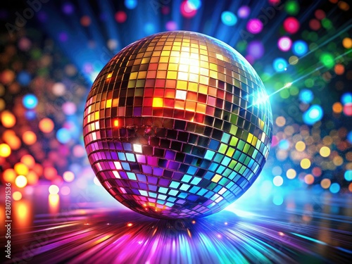 Sparkling disco ball spins, casting vibrant reflections, a dazzling nightclub panorama of festive celebration. photo