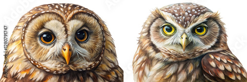 Realistic owl portraits, detailed feathers, vibrant eyes, wildlife art, nature illustration, animal close-up, colorful rendering.