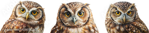 Realistic owl portraits, detailed feathers, vibrant eyes, wildlife art, nature illustration, animal close-up, artistic style.