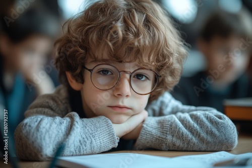 Sad schoolboy sitting at desk, looking down, leaning head on hand and writing in copybook during lesson or test