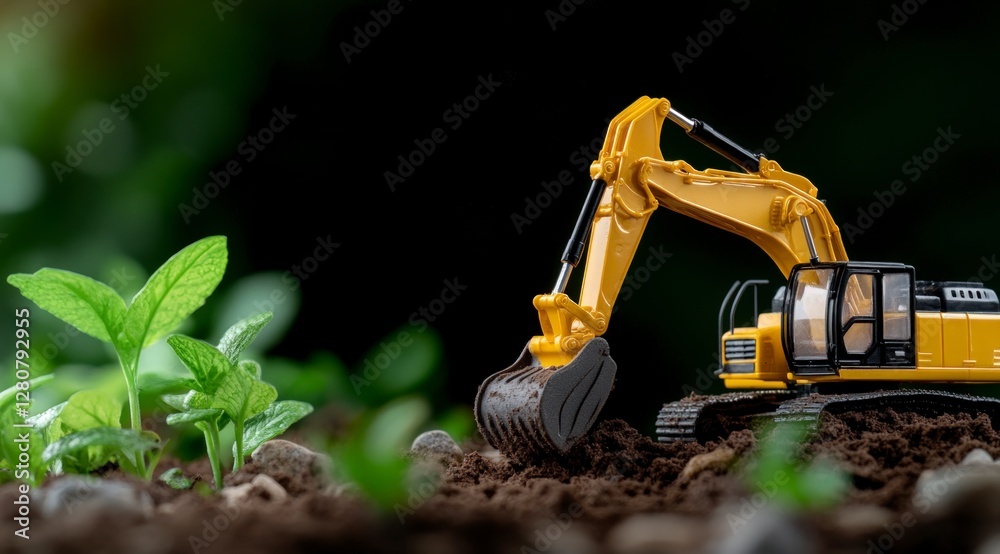 Toy Excavator Digging in Soil Miniature Construction Earthworks Plants Toy Excavator Digging in Soil Miniature Construction Earthworks Plants