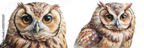 Realistic owl portraits, detailed watercolor art, vibrant colors, wildlife illustration, nature-inspired decor.