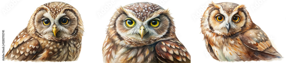 Fototapeta premium Realistic owl portraits, detailed feathers, vibrant eyes, wildlife illustration, nature art, animal lovers, educational use.