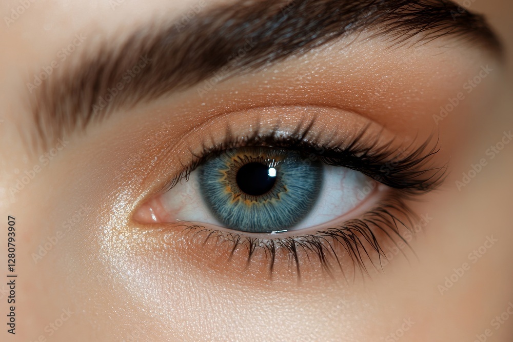 Fototapeta premium Closeup shot of beautiful female's eye with unusual blue and brown color, beige background, free space