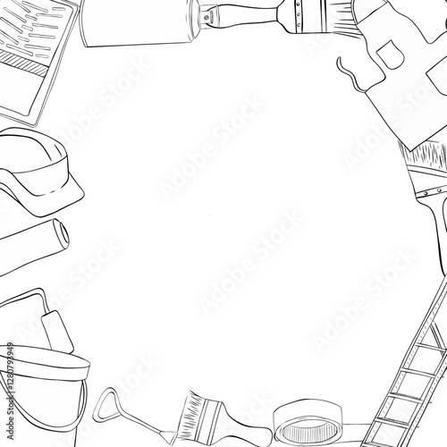 Painter tools supplies square template with tools, vector  graphic line ink illustration. Paint can opener, color can, apron, bucket, can, Brush, Roller, Paint tray, Masking tape, Ladder, Step ladder,