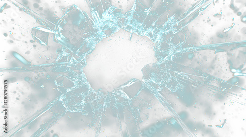 a broken glass window with a hole in it