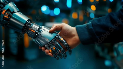 A robot hand shakes a human hand. The robot is made of metal and has a metallic appearance. Concept of technology and human interaction