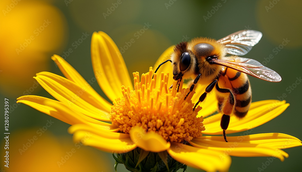 Bee pollinating bright yellow flower, Pollen in the air, Pollen Forecasts Bee pollinating bright yellow flower, Pollen in the air, Pollen Forecasts