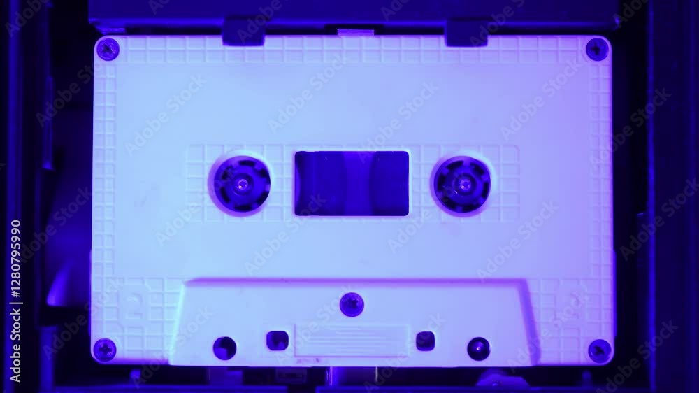 Audio cassette tape in use sound recording in the tape recorder, close view.
