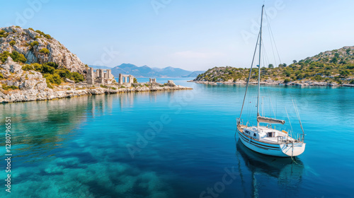 Wallpaper Mural Tranquil sailboat journey on a serene sea with scenic coastal views Torontodigital.ca