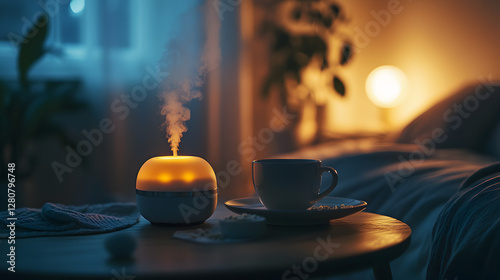 night routine scene with a diffuser, a cup of chamomile tea, and a dimly lit room 