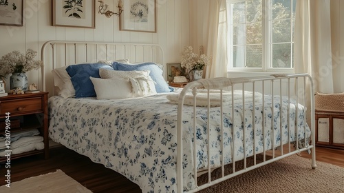 Cozy and Comfortable Bedroom Interior with Vintage Furniture and Floral Pattern Bedding