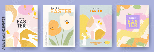 Happy Easter Set of greeting cards, posters, holiday covers. Trendy design with typography, spring hand drawn flowers, dots, eggs and bunny in pastel colors. Modern art minimalist style.