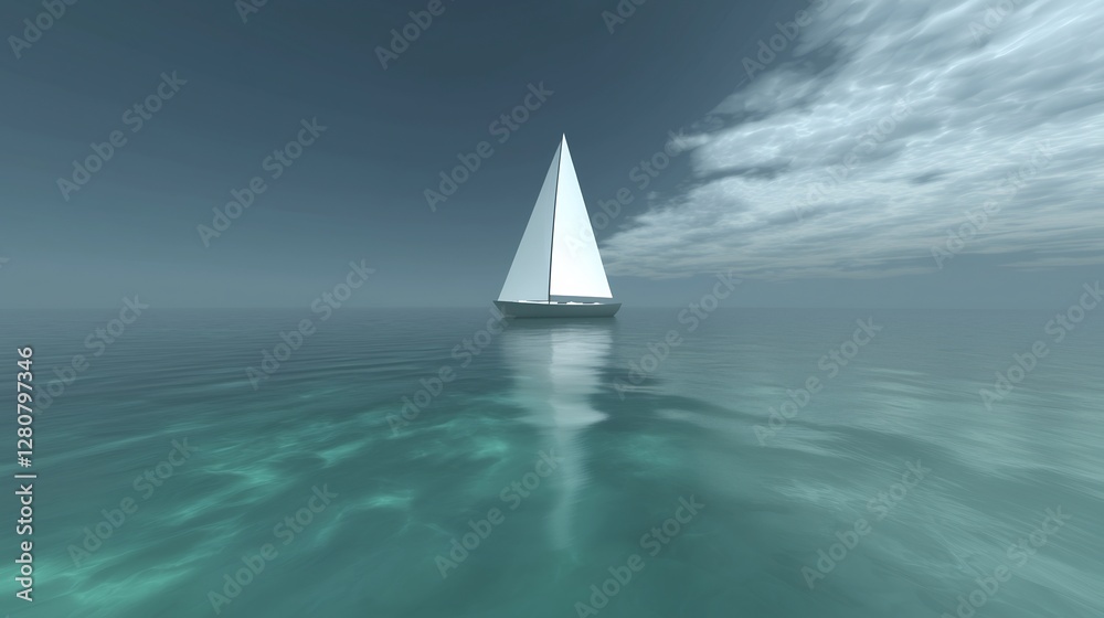 Obraz premium Solitary sailboat on calm sea under cloudy sky; serenity, travel, peace