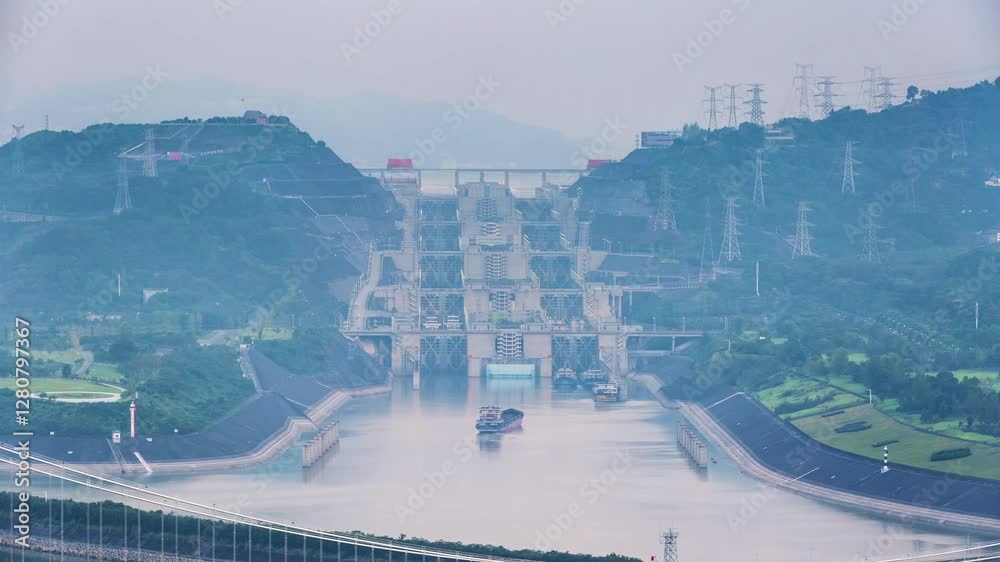 time lapse of the double line five level ship lock of the Three Gorges Dam in dawn, Yichang city, Hubei province, China