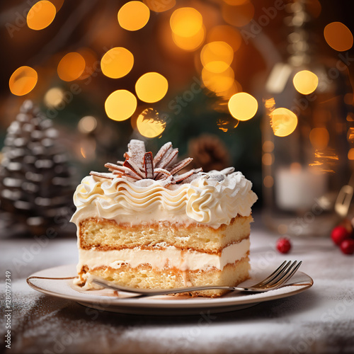 A piece of white vanilla cake in Christmas setting