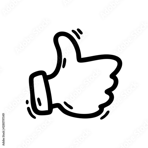 Black and white hand drawn doodle thumbs up icon. Perfect for social media, approval, likes, feedback, ratings, and UI/UX design elements. Ideal for communication and interaction visuals.