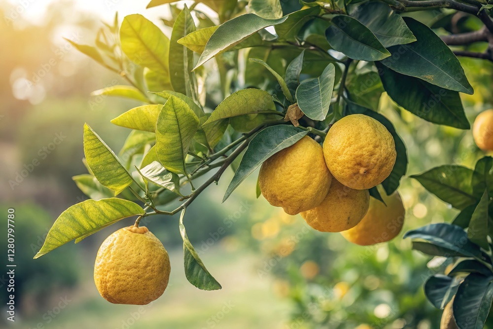 Ripe Lemons Hanging on Tree Branch in Sunlit Orchard