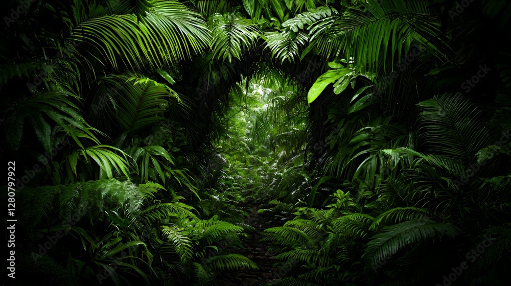 Lush Green Jungle Path with Sunlight Streaming Through Lush Green Jungle Path with Sunlight Streaming Through
