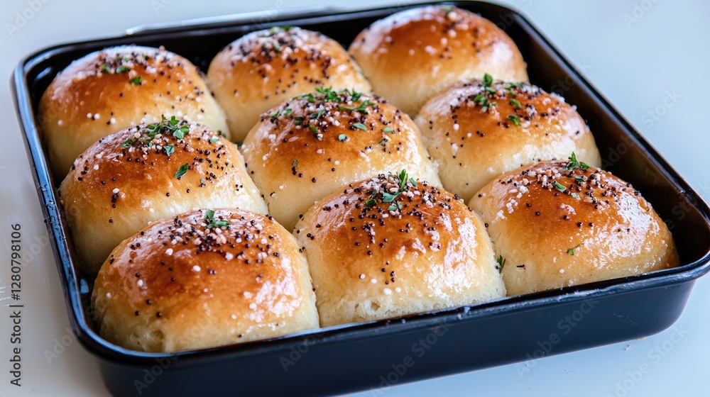Baked dinner rolls in a pan on a white surface Baked dinner rolls in a pan on a white surface