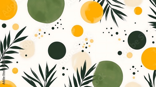 Abstract floral arrangement with circles and leaves on white background