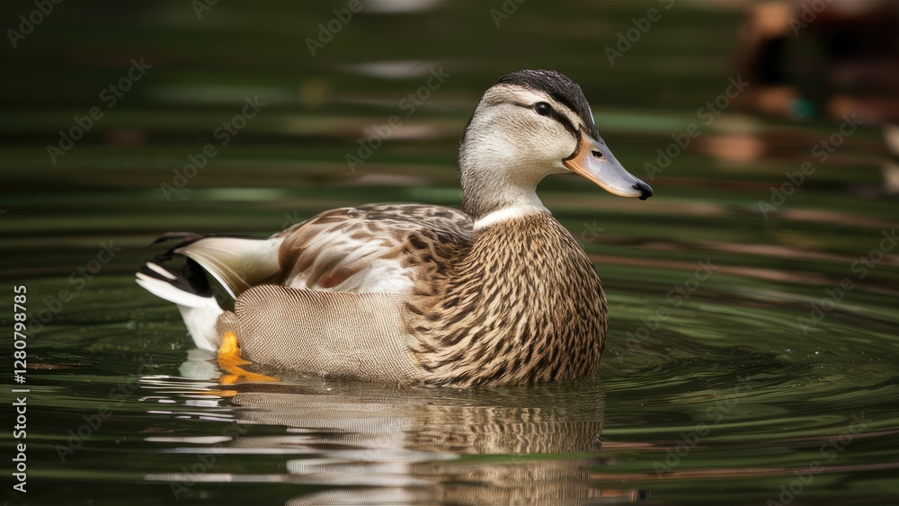 Elegant female duck swimming gracefully on tranquil water with ripples in shades of green and brown reflecting the serene natural environment. Elegant female duck swimming gracefully on tranquil water with ripples in shades of green and brown reflecting the serene natural environment.