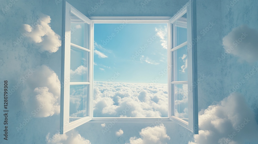 Open window with blue sky and clouds background. 3d rendering. Open window with blue sky and clouds background. 3d rendering.