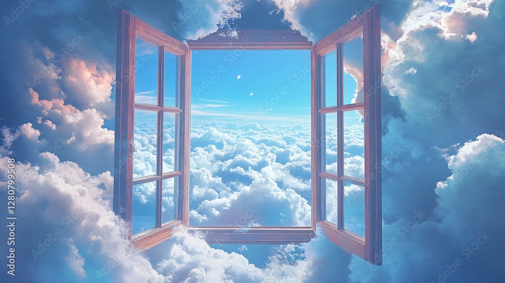 Open window with blue sky and clouds background. 3d rendering. Open window with blue sky and clouds background. 3d rendering.