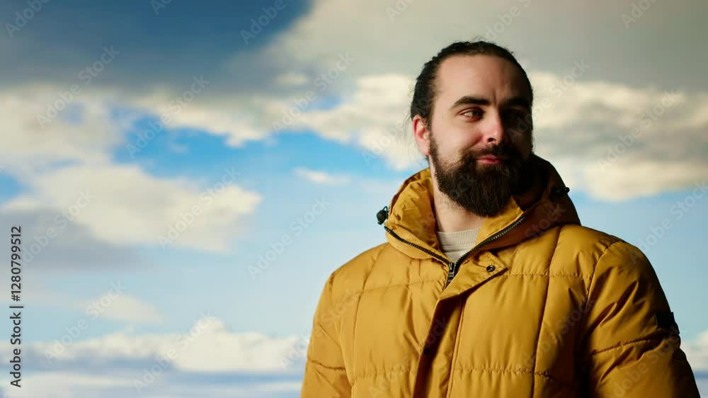 Adventure seeker in warm clothing enjoys the serenity of the wilderness, panoramic mountain top view and open sky create the perfect setting for relaxation. Cold winds uphill. Camera B. Adventure seeker in warm clothing enjoys the serenity of the wilderness, panoramic mountain top view and open sky create the perfect setting for relaxation. Cold winds uphill. Camera B.