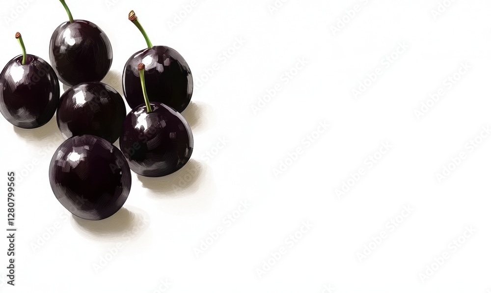 A close-up of fresh, glossy black cherries arranged artistically on a white background A close-up of fresh, glossy black cherries arranged artistically on a white background