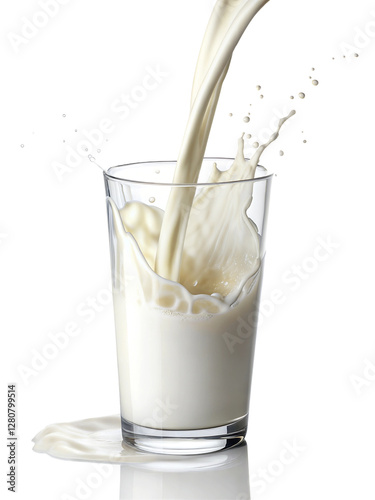 Fresh milk being poured into a transparent glass, creating a smooth splash effect. High-speed capture of liquid motion. Isolated on white background.