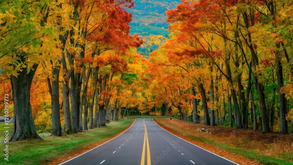 Vibrant autumn foliage in rich hues of orange yellow and red lining a peaceful road under a clear blue sky surrounded by lush greenery Vibrant autumn foliage in rich hues of orange yellow and red lining a peaceful road under a clear blue sky surrounded by lush greenery